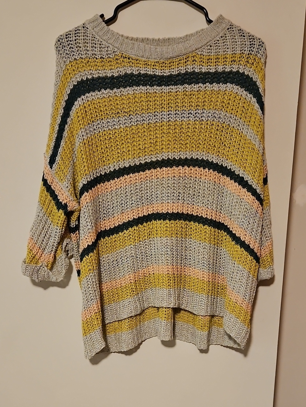 DAVI & DANI Striped Open-Knit Crew Sweater in Yellow, Pink & Gray